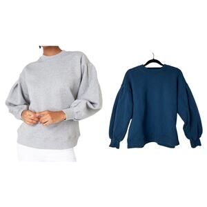 Ann Mashburn Sweatshirt Carmina Top Puff Sleeve Crew Neck Fleece Cotton Blue M